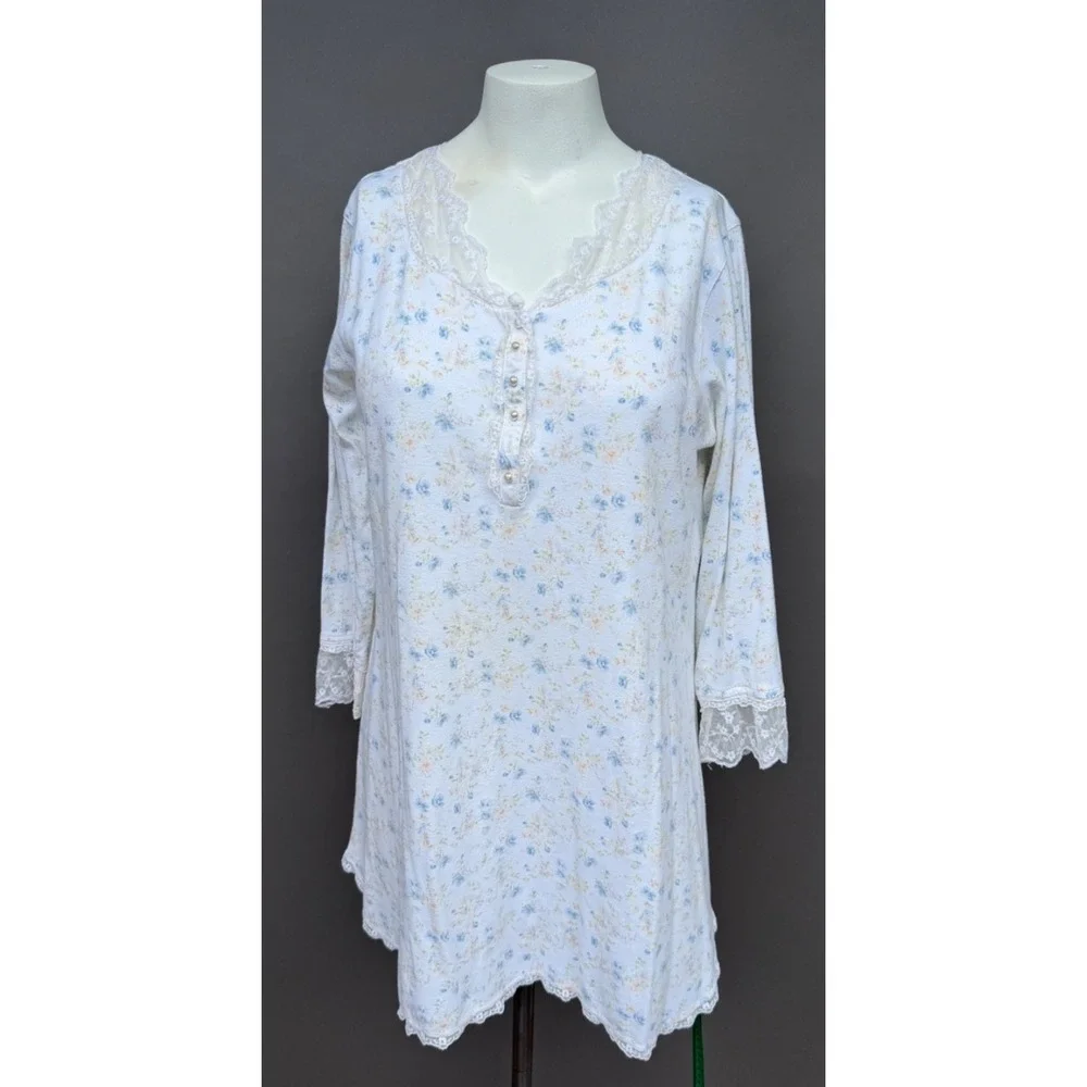 Eileen West Pajama Set Floral Lace Trim Henley Top M Cropped Pants L Sleepwear
